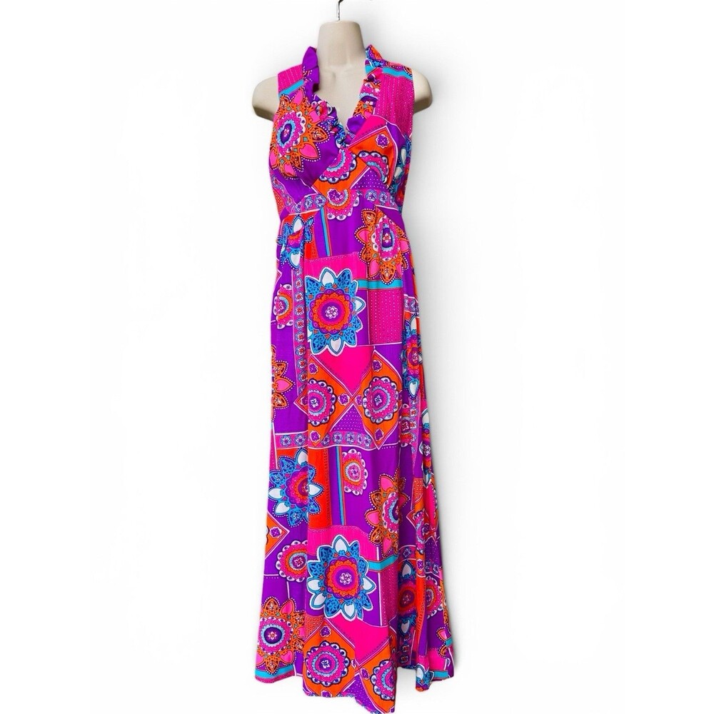Vintage 60s 70s Empire Waist Maxi Dress Psychedelic Floral Barkcloth Mod‎